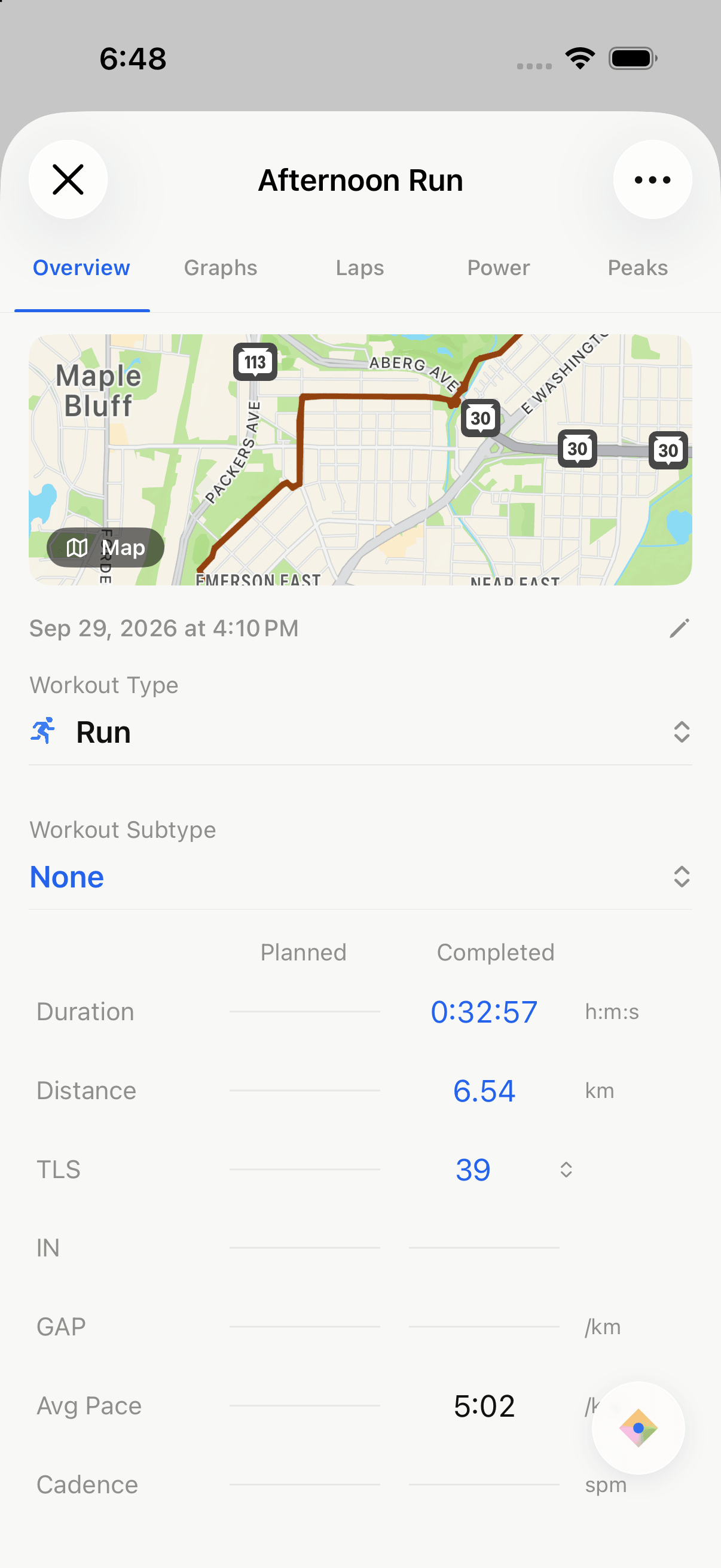 Nordik Lab activity overview showing the route, duration, distance, and training load of an afternoon run