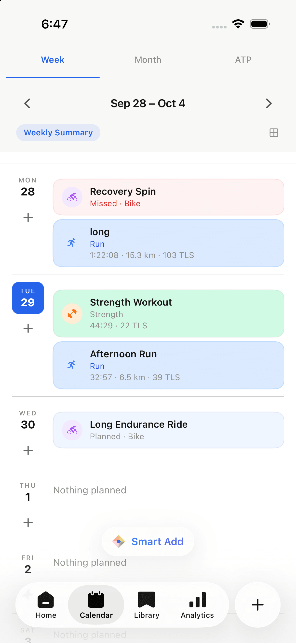 Nordik Lab weekly training calendar showing running, strength, and cycling sessions