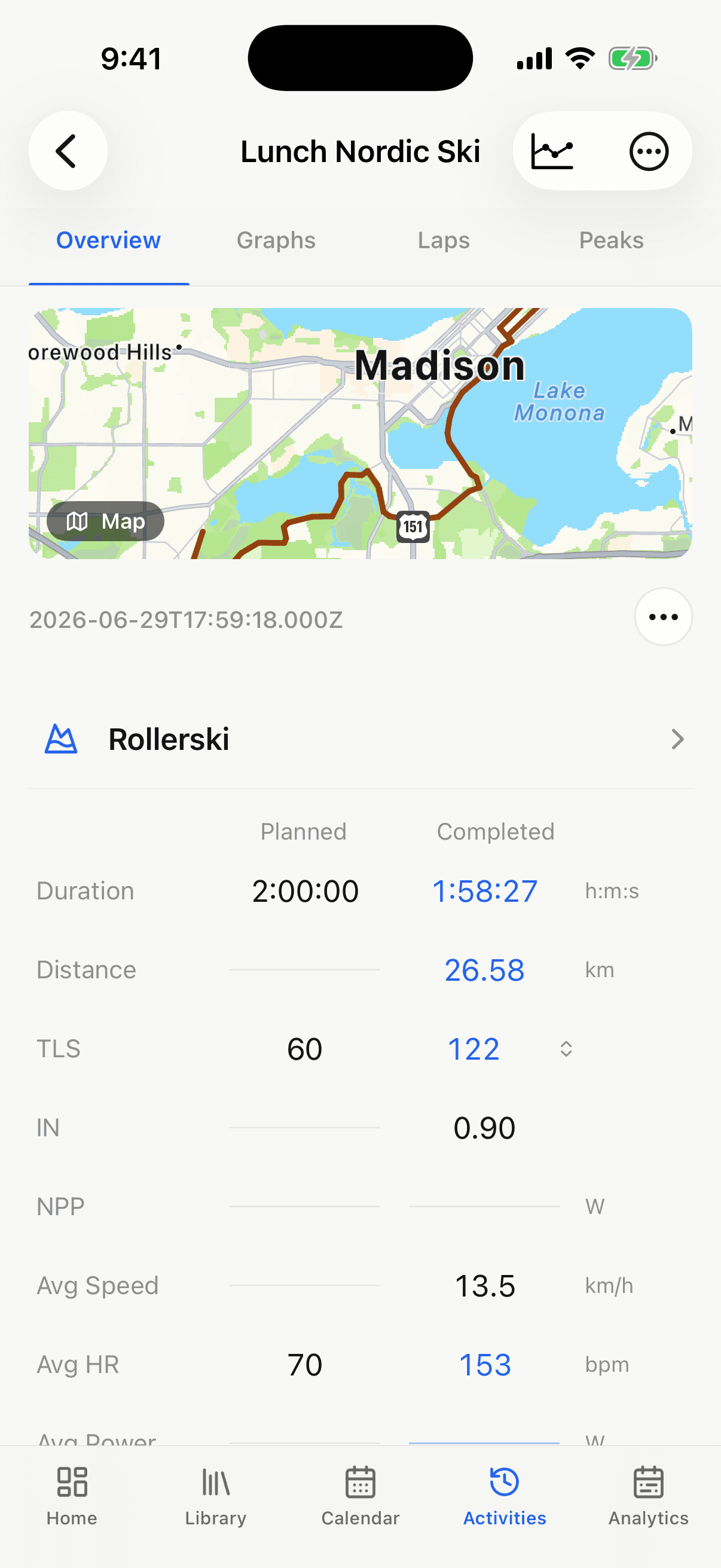 Nordik Lab iOS activity detail with route map and planned versus completed metrics
