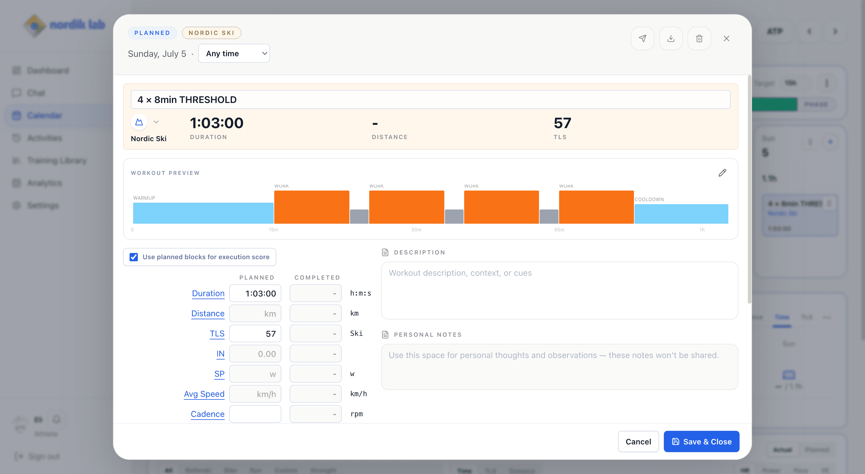Nordik Lab Smart Add result: a threshold interval workout structured into warmup, work blocks, and cooldown, ready to save