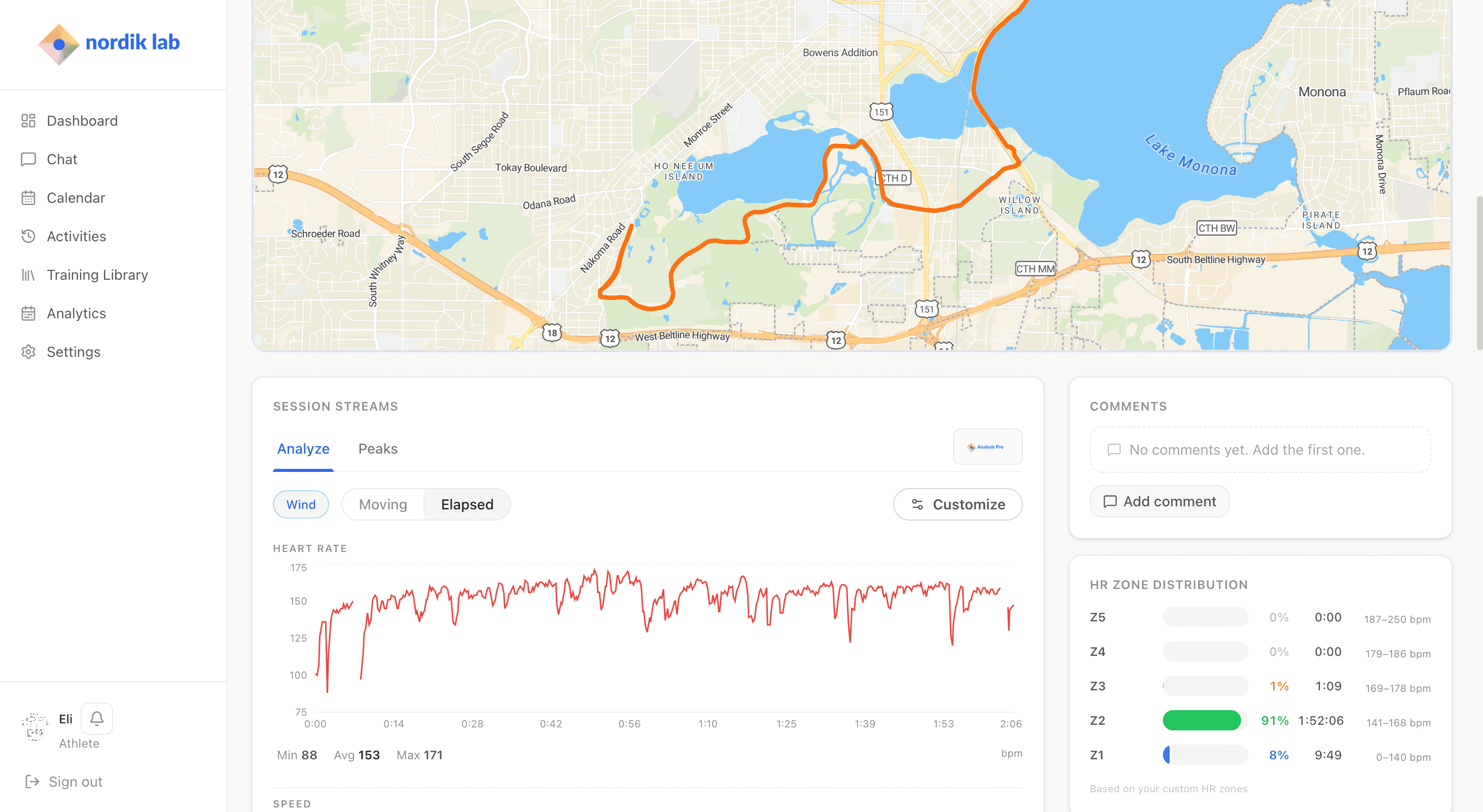 Nordik Lab session analysis with route map, heart rate stream, and heart rate zone distribution